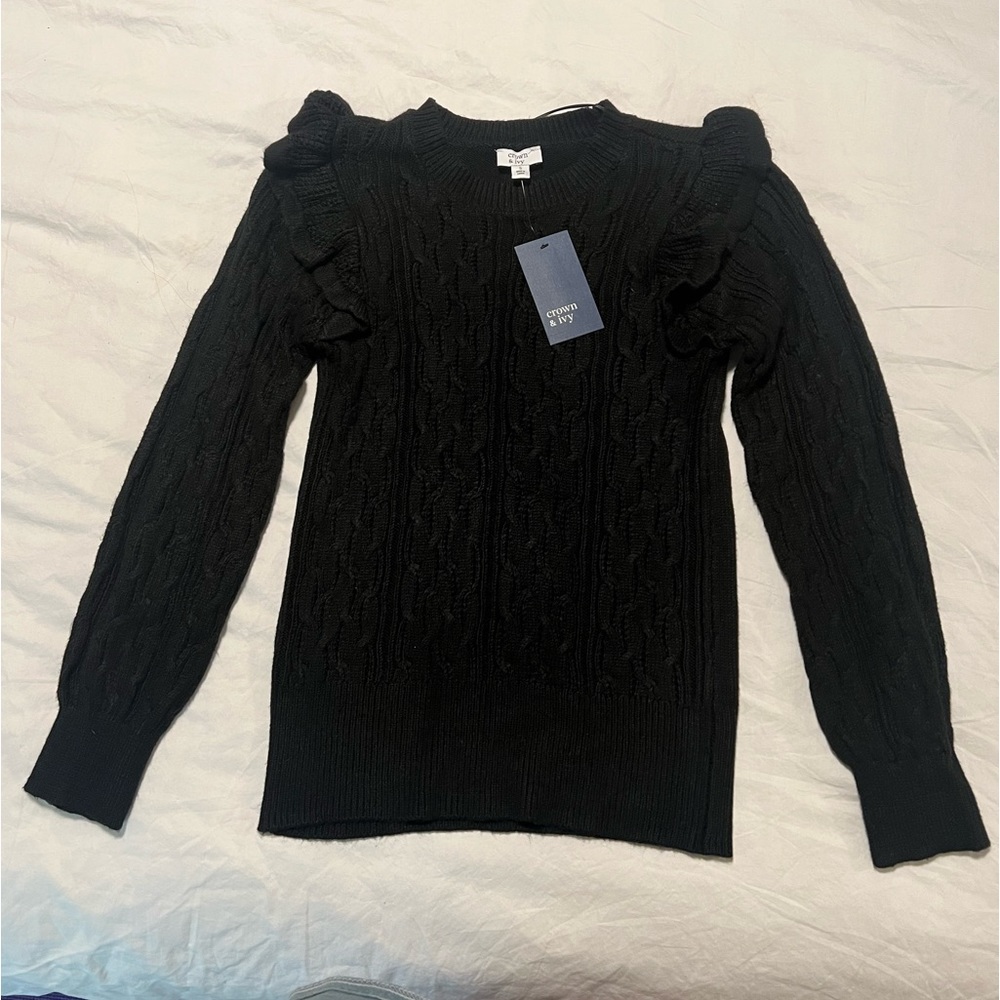 Crown & Ivy Long Sleeve Ruffle Cable Knit Solid Sweater